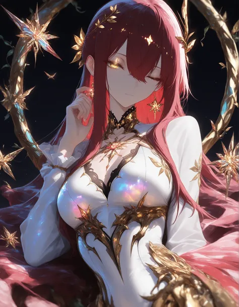 (masterpiece, best quality, intricate design, dreamlike fantasy, vibrant luminescent creatures, harmonious, fluid chaos), (1 girl , golden eyes , very long hair , long sidelocks, red hair ,half updo, petite , very cute , beautiful ,Straight hair, cool, han...