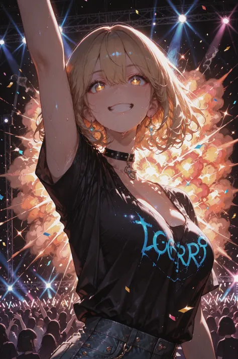 masterpiece, score_9_up, hyperrealistic, pop art
BREAK
1girl, 20 years old, an energetic Japanese girl with a huge, bursting smile of pure joy, making a peace sign with one hand, sparkling violet eyes reflecting stage lights, voluminous and bouncy golden b...