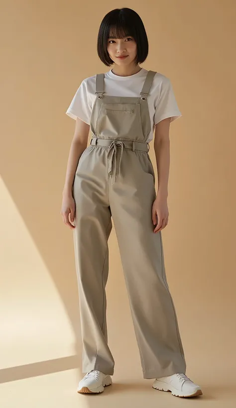 A high resolution portrait of a Japanese young woman with short hair, wearing a cool streetwear outfit, cinematic lighting, full body shot, she has a calm expression staring at the camera, she stands inside a photo studio as if she is posing for a clothing...