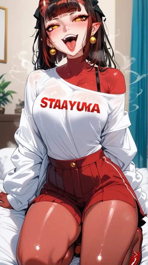 masterpiece、 High Quality 、 high image quality、 super detailed 、On a dark hotel bed、sit、full body、throw, photograph of a beautiful、Photo_Comparison、 devil smile 、((oily skin, steam, Big Mouth))、 full body、Meru the Succubus (merunyaa) 、 Black Off Shoulder S...