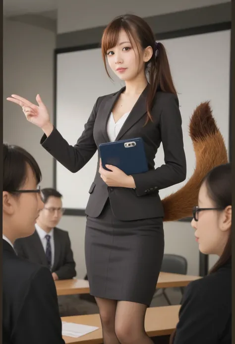 A woman in a business suit with a Japanese raccoon dog tail standing in front of a class of students, Take pictures with your camera, SCENE PHOTO,  OFFICIAL STILLS , 
