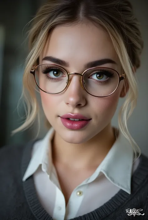 arafed woman wearing a collared satin blouse under a crewneck sweater, warm smile, gorgeous eyes, glasses