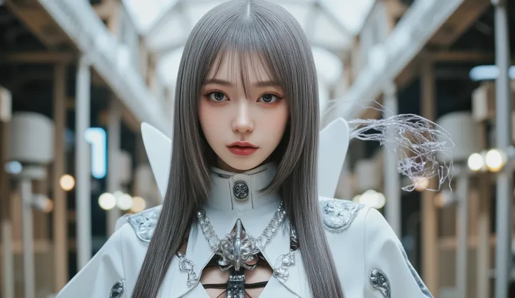 Best Quality、masterpiece、super high resolution、(Photoreal:1.4)、raw photo、 battle cyborg angel、 Big metal wings 、White porcelain body 、acrylic transparent cover、gray hair、 Beautiful skin、1 Cyborg Girl、((Super realistic details))、portrait、globalillumination、...