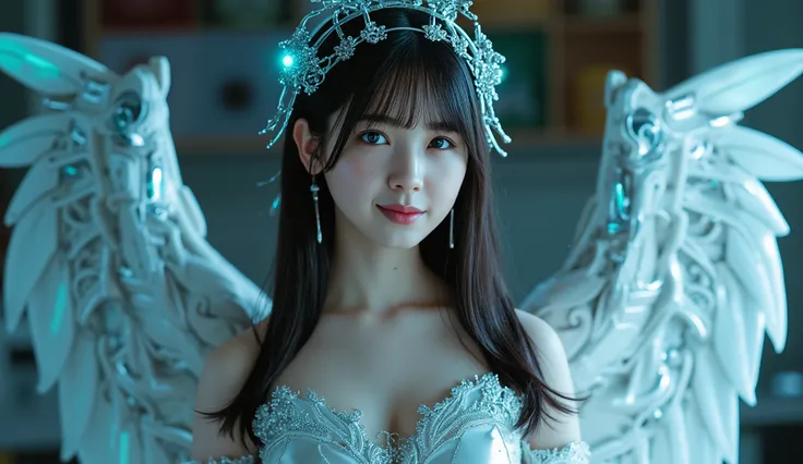 Test case , Best Quality, masterpiece, Ultra High Resolution A, ( Cinematic Lighting :1.4), raw photo, Cyborg Angel, Large metal wings, White porcelain body, Gray-haired, shiny skin with car, 1 Cyborg Girl, ((ultra-realistic detail)), Portrait, Global Illu...
