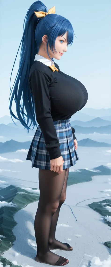 score_9, score_8_up, score_7_up, source_anime, macro,1girl,landscape,solo, pov, busty, thick body, goddess, curvy, sky, on bed standing,side view,smirk,full-body view, looking down, Meiya, smirking, long hair, high ponytail with a white ribbon, blue hair, ...