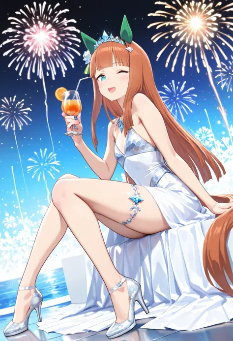 (masterpiece, best quality, perfect face:1.4), wide angle, silence suzuka \(umamusume\), horse ears, green ear cover, white headband, small breasts, horse tail, tail on the lower back, proportional body, proportional,1 girl, beautiful hair, beautiful face,...