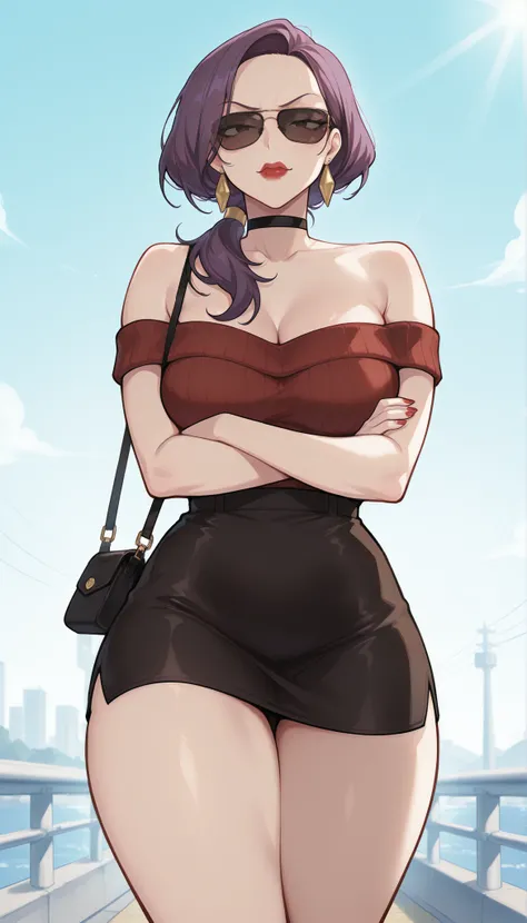 Kim Mi-Jung | Brave New World, beautiful perfectly voluptuous milf version, long purple hair, red nails, red plump glossy lips, and extremely fair pale white shiny skin. She's wearing a mid-riff revealing tube sleeveless mini off-shoulder stylish-designed ...