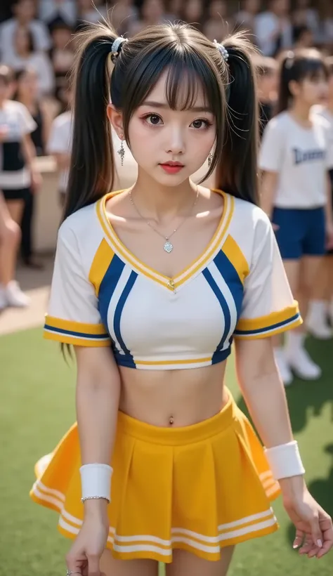 ((full body shot:1.5))、(petite, young, baby-faced, and cute Japanese woman)、Midsummer Sunshine、baseball field stand、 full audience、Cheer uniform with yellow and blue lines on a white base during a baseball game on the ground、Cheerleader、pompons in both han...