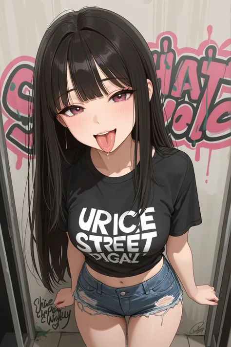 Beautiful brunette girl with long straight black hair and bangs, big , nice shapely legs, she wears a tight white Mexican kawaii style t-shirt, the blouse is splashed with a drop of red chili on her , some ultra short and used denim shorts, her, she has a ...