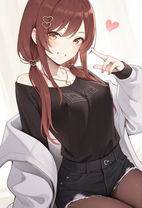 1girl,osaki amana,idolmaster shiny colors, black shirt, black shorts, brown eyes, brown hair, brown pantyhose, cutoffs, grin, hair ornament, hair over shoulder, hand up, heart, heart hair ornament, jacket, jewelry, long hair, long sleeves, low twintails, n...