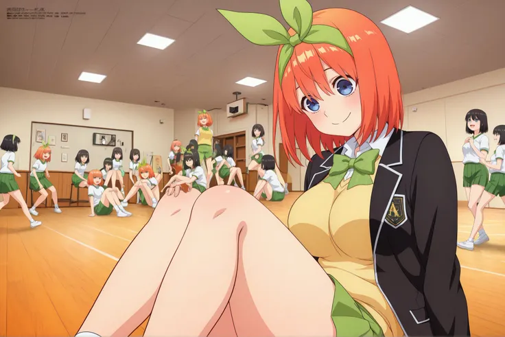 1girl,unwellness depressed y0tsuba, large breasts, orange hair, blue eyes, short hair, hair between eyes green bow hairband, black blazer, open blazer, yellow sweater vest, white collared shirt, bowtie, plaid bowtie, green skirt, pleated skirt,large breast...