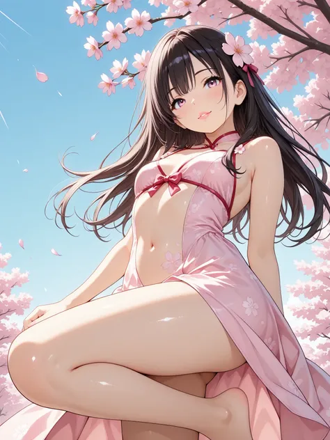 One Beautiful Girl , Cherry Blossom Dressの女性, ( Laughter, old),  beautiful eyes on my stomach,  Shiny Lips , Very detailed顔, long eyelashes, (,   Hug Your Feet  ), very small breasts, sexy, slender body, (cherry blossom texture, Cherry Blossom Dress, Sprin...