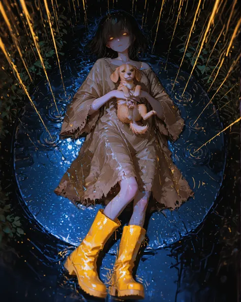 Masterpiece, natural lighting, night, perfect shadows, ray tracing, detailed image, perfect human anatomy, a small blind wearing very humble simple clothes, rags, yellow rain boots, uses a large piece of cardboard to protect a small caramel puppy dog from...