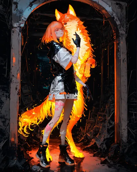 Masterpiece, natural lighting, night, perfect shadows, ray tracing, detailed image, perfect human anatomy, a beautiful adult woman with orange/caramel hair, wearing cyberpunk clothes (short sleeves), futuristic glasses and behind her her eyes are closed, g...