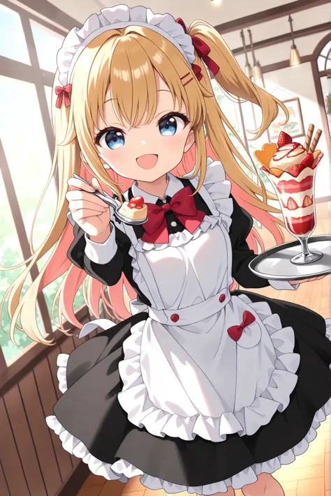 (masterpiece, Best Quality), (colorful),one girl,blonde long hair,Blue Eyes,One Side Tail ,best smile,super precise illustration,  high detail , Dynamic Angle,beautiful details, 8k, (high resolution),cute maid,Maid Outfit,frills,skirt,maid cafe、Have a parf...