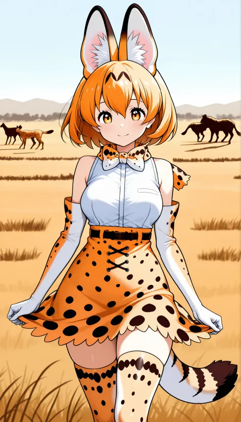 1 female, ((savannah background, zoo)), servalkemono, print legwear, print gloves, print bowtie, tail, sleeveless shirt, high-waist skirt, serval print, anatomically defined hands fingers, random action poses, 💃 motion, high-resolution detail, animated pai...