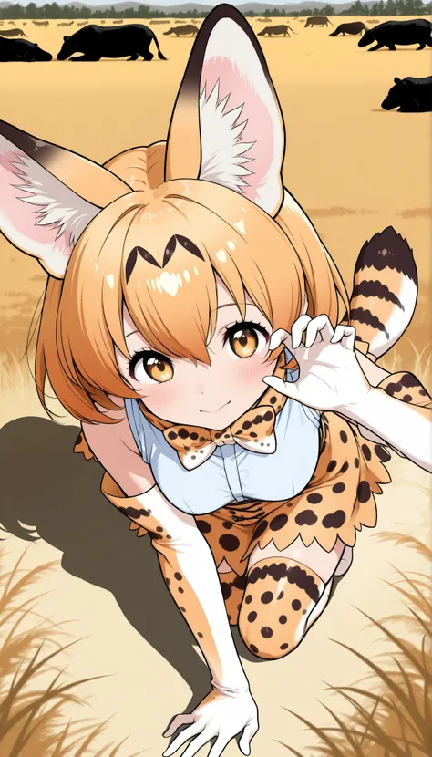 1 female, ((savannah background, zoo)), （Blush, on all fours:1.4), from above, face close-up:1.6, servalkemono, print legwear, print gloves, print bowtie, tail, sleeveless shirt, high-waist skirt, serval print, anatomically defined hands fingers, high-reso...