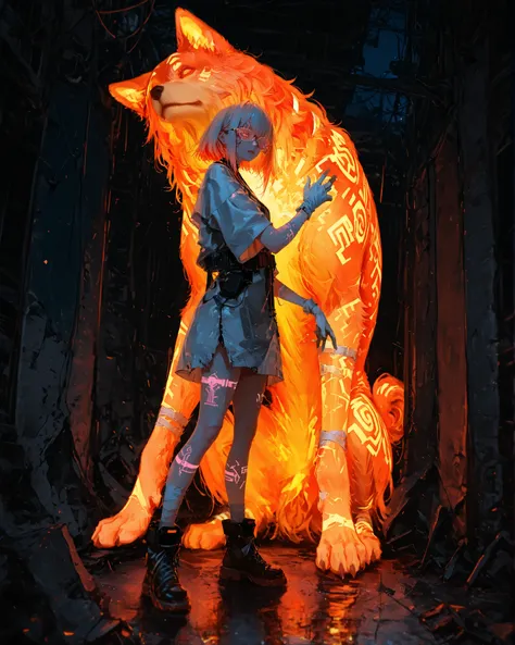 Masterpiece, natural lighting, night, perfect shadows, ray tracing, detailed image, perfect human anatomy, a beautiful adult woman with orange/caramel hair, wearing cyberpunk clothes (short sleeves), cyber glasses and behind her her eyes are closed, gloves...
