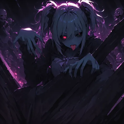 stick out your tongue, colored skin, Zombie Pose, Black Sclera, bill, Long Nails, Sit on the coffin,  1 girl, (Best Quality, Super Sharp, detail),cinematic,dynamic angle,low angle,sleepy eyes,Zitoida,Eye Afterglow Effect,cute,viewers,