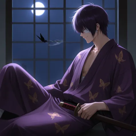 masterpiece, Professional Quality, high resolution, 8k, Clear Focus, 1 Male, Gintama, Takasugi Shinsuke ,  Shinsuke , Straight dark purple hair, My left eye is covered by bangs，hair in front of me, Bandages, Cover one eye with a bandage,I can't see only my...