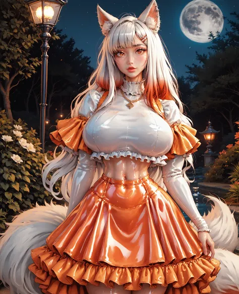 masterpiece, portrait,  1 girl,One,  luxurious transparent mini dress, last, perfect face, perfect anatomy, Get dressed, kitsine , extremely detailed, yellow eyes ,fox ears, more details, orange,  lots of fox tails, white hair , fox ears,   navel,  lips, h...