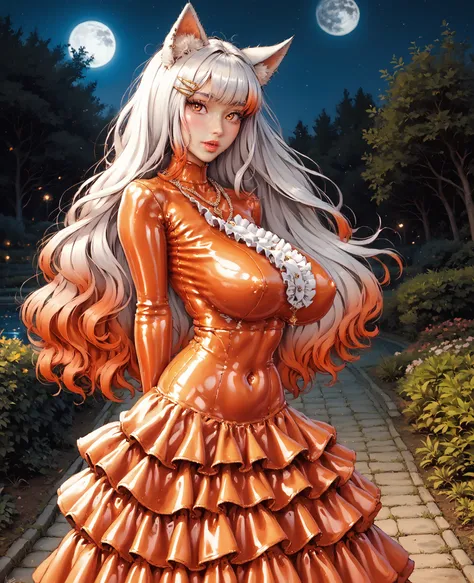 masterpiece, portrait,  1 girl,One,  luxurious transparent mini dress, last, perfect face, perfect anatomy, Get dressed, kitsine , extremely detailed, yellow eyes ,fox ears, more details, orange,  lots of fox tails, white hair , fox ears,   navel,  lips, h...