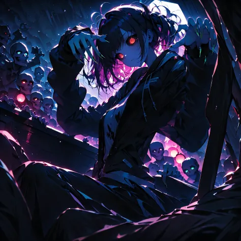 colored skin, Zombie Pose, Black Sclera, bill, Long Nails, Sit on the coffin,  1 girl, (Best Quality, Super Sharp, detail),cinematic,dynamic angle,low angle,sleepy eyes,@_@,Zitoida,Eye Afterglow Effect,cute,viewers,red,stylish,front,