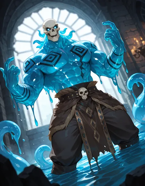 Expressiveh, score_9, score_8_up, score_7_up, slime short hair, body made of slime, muscular, giant, goliath, slime of a brilliant turquoise blue tone, solo male, alone, haughty, slime in a form of a man, dark buggy pants, athletic, human like slime, golia...