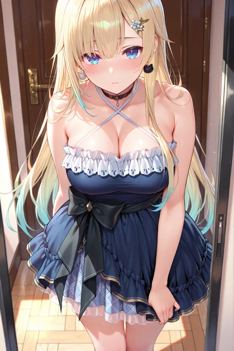 solo,masterpiece,best quality, amazing quality, highres, absurdres, very aesthetic, high resolution, ultra detailed, perfect details,EmaDefault, long hair, hair ornament, cat earrings, choker, strapless layered dress, criss-cross halter,waist bow,,(masterp...