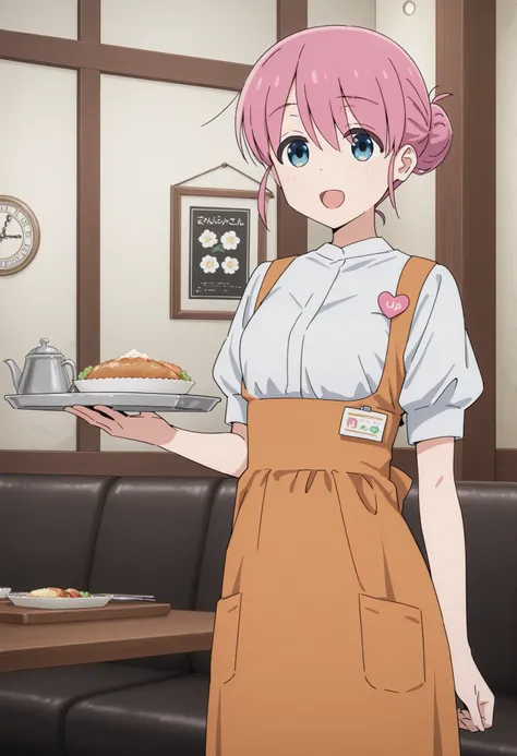 Score_9, score_8_up, score_7_up, source_anime, Michiyo Gotoh (character), 1girl, solo, pink hair, blue eyes, hair bun, (best quality), (high quality), {masterpiece}, extremely delicate and beautiful, ultra-detailed, beautiful detailed eyes, anna miller, wa...