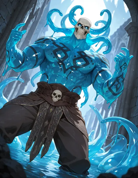 Expressiveh, score_9, score_8_up, score_7_up, slime short hair, body made of slime, muscular, giant, goliath, slime of a brilliant turquoise blue tone, solo male, alone, haughty, slime in a form of a man, dark buggy pants, athletic, human like slime, golia...