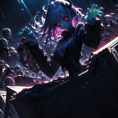 colored skin, Zombie Pose, Black Sclera, bill, Long Nails, Sit on the coffin,  1 girl, (Best Quality, Super Sharp, detail),cinematic,dynamic angle,low angle,sleepy eyes,@_@,white,White,Zitoida,Eye afterglow effect,cute,viewers,red,stylish,front,undead,