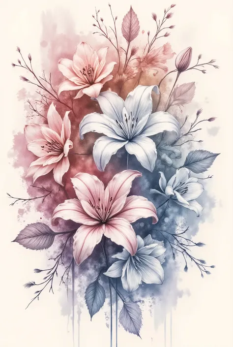 pencil sketch, lilies and dahlias melding together in the center in yin-yang fashion, abstract, soft edges, blurry background,vibrant colors