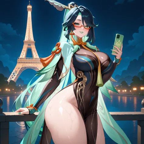 score_9,score_8_up,score_7_up, 1 Female,Slim body,Shiny skin,Sweaty skin, Xianyun\(Genshin Impact\),Genshin Impact,Red Glasses, Green eyes, Green lips,parted lips,Green nails,(seductive smile), blush, curvy, large breasts,Big Butt,mature,SOLO,Cowboy shot,O...