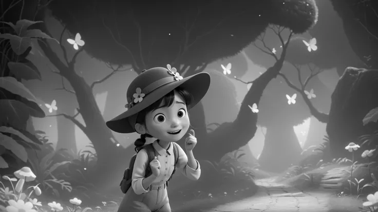 Create a vibrant, Pixar-style illustration based on the provided image, but focusing on a path towards new adventures! The girl (around ) is wearing a hat and an explorer's outfit, but it should have a more color! Make the scene more bright! She finds a ne...