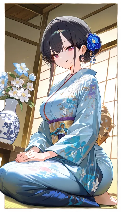 (beautiful girl : 1.3),1 girl,(beautiful blue kimono,earrings,),dark haired,bun hair,Smile Yan,seiza,A large flower arranged in a vase,between floors,Japanese-style room,Shoji screen,tatami,Dynamic Angle,masterpiece,Best Quality,Rich Contrasts,High Definition,8k,High Definition CG Unit Wallpaper,Textures,unbelievably absurd,RAW pictures,Deep Border 1 .2,very detailed