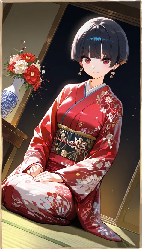 (beautiful girl : 1.3),1 girl,(Beautiful crimson kimono,earrings,),dark haired,Bowl Cut,Smile Yan,seiza,Lots of flowers arranged in a large vase,between floors,Japanese-style room,Shoji screen,tatami,Dynamic Angle,masterpiece,Best Quality,Rich Contrasts,High Definition,8k,High Definition CG Unit Wallpaper,Textures,unbelievably absurd,RAW pictures,Deep Border 1 .2,very detailed