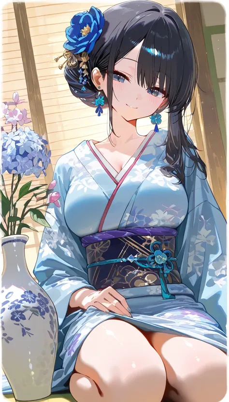 (beautiful girl : 1.3),1 girl,(beautiful blue kimono,earrings,),dark haired,bun hair,Smile Yan,seiza,A large flower arranged in a vase,between floors,Japanese-style room,Shoji screen,tatami,Dynamic Angle,masterpiece,Best Quality,Rich Contrasts,High Definition,8k,High Definition CG Unit Wallpaper,Textures,unbelievably absurd,RAW pictures,Deep Border 1 .2,very detailed