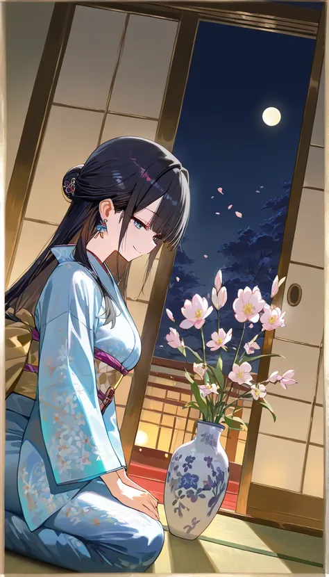 (beautiful girl : 1.3),1 girl,(beautiful blue kimono,earrings,),dark haired,bun hair,Smile Yan,seiza,A large flower arranged in a vase,between floors,Japanese-style room,Shoji screen,tatami,Dynamic Angle,masterpiece,Best Quality,Rich Contrasts,High Definition,8k,High Definition CG Unit Wallpaper,Textures,unbelievably absurd,RAW pictures,Deep Border 1 .2,very detailed