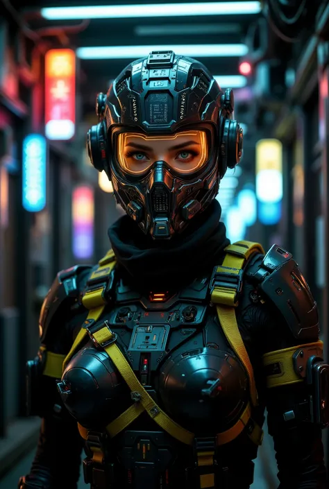 In the year 2147, deep within the neon-lit corridors of Neo-Kyoto, a cybernetic sentinel emerges—her gaze sharp as precision optics, glinting amber beneath a translucent armored visor etched with serial codes and cryptic language. The intricate mask fused ...