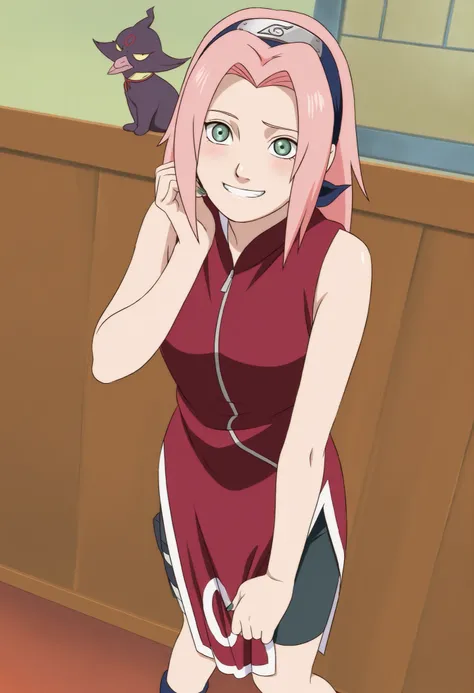 Anime source,. A shot from the anime,anime coloring,masterpiece,is the best quality, Sakura Haruno, room. One girl, Alone, pink hair, poetry, green eyes,,"a red Chinese sleeveless dome with a white trim and a symbol, black shorts, black open-toed ninja san...