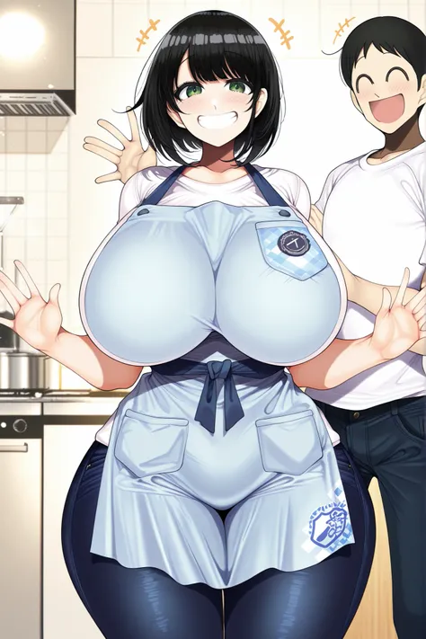 Big green eyes, smiling face, short black hair, Best quality, high resolution, masterpiece, huge breasts, thick thighs, big ass, White T-shirt, navy blue front skirt,White T-shirt, Wearing a blue apron,jeans,Open both hands,Standing facing forward, only on...