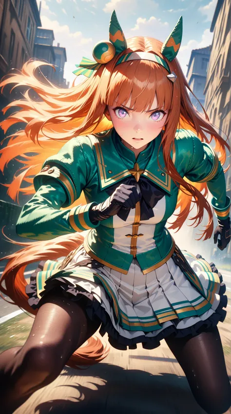  cinematic, (masterpiece), (best quality), (ultra-detailed), very aesthetic, illustration, realistic illustration, perfect composition, intricate details, absurdres,  (anime, masterpiece, intricate:1.3), (best quality, hires textures, high detail:1.2), (4k),(incredibly detailed:1.4), 1 girl、 Silence Suzuka、Uma Musume、 long hair、 animal ears 、 ear covers、  hair band、(( tea hair))、 horse tail、 green sailor color、 white shirt、 layered sleeve 、Green Sleeves、 black gloves、 white skirt、 black pantyhose 、Outdoors、run、 full speed、Desperate、Flowing sweat、 running pose , Sprinting in a forward leaning position, full speed,motion blur,Glowing Contours,in a dynamic motion,(angle from behind:1.2)