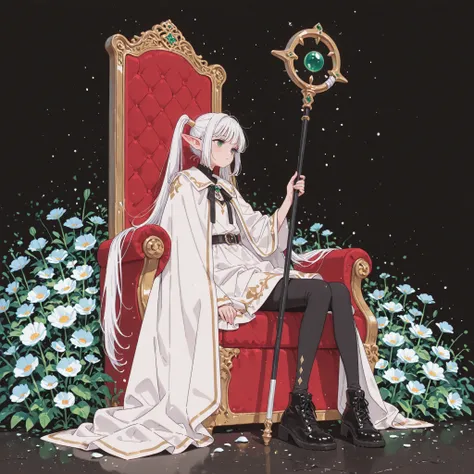 BEST QUALITY、Masterpiece、cartoon风格、BEST QUALITY、high resolution、4K,Realism,1 girl, solo, (Flat body), ( and hold the staff), pretty, Elf, Pointed ears, White hair, ((very long double ponytails)), green eyes on the throne, white dress, wears black legging...