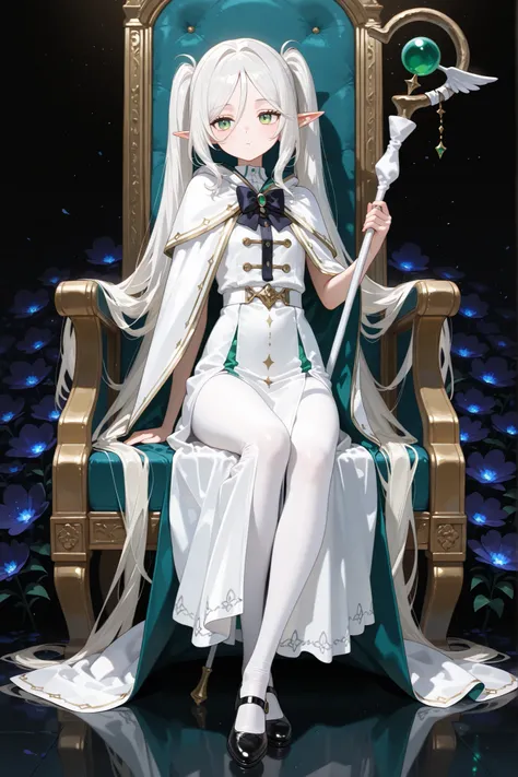 BEST QUALITY、Masterpiece、cartoon风格、BEST QUALITY、high resolution、4K,Realism,1 girl, solo, (Flat body), ( and hold the staff), pretty, Elf, Pointed ears, White hair, ((very long double ponytails)), green eyes on the throne, white dress, wears black legging...