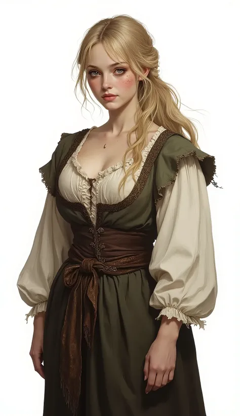 Middle Ages, 19th century, (full length, white background, 4k, 1 woman, (plump, ponytail, blonde, tenderness, black eyes, Beauty, , young, 20 year old woman), ((( peasant clothes, tunic, smile, lots of freckles, blush)))