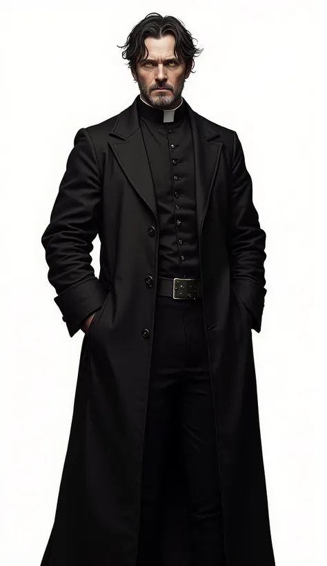 Middle Ages, 19th century, (full length, white background, 4k, 1 man, elegant, Middle-aged man, 50 years old, bristle, a little gray, unkempt black hair, yellow eyes, black priest clothes , masterpiece)