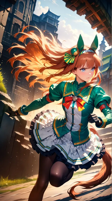  cinematic, (masterpiece), (best quality), (ultra-detailed), very aesthetic, illustration, realistic illustration, perfect composition, intricate details, absurdres,  (anime, masterpiece, intricate:1.3), (best quality, hires textures, high detail:1.2), (4k),(incredibly detailed:1.4), 1 girl、 Silence Suzuka、Uma Musume、 long hair、 animal ears 、 ear covers、  hair band、(( tea hair))、 horse tail、 green sailor color、 white shirt、 layered sleeve 、Green Sleeves、 black gloves、 white skirt、 black pantyhose 、Outdoors、run、 full speed、Desperate、Flowing sweat、 running pose , Sprinting in a forward leaning position, full speed,motion blur,Glowing Contours,in a dynamic motion,(angle from side:1.3)