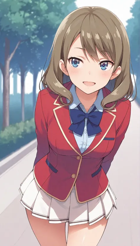  score_9,score_8_up,masterpiece,best quality,correct anatomy,anime_source,1girl,solo,perfect eyes,perfect arms,perfect legs,perfect face,smile,blush,Sato Maya,long hair,curly hair,brown hair,bangs,blue eyes,glossy lips ,school uniform,red blazer(closed bla...