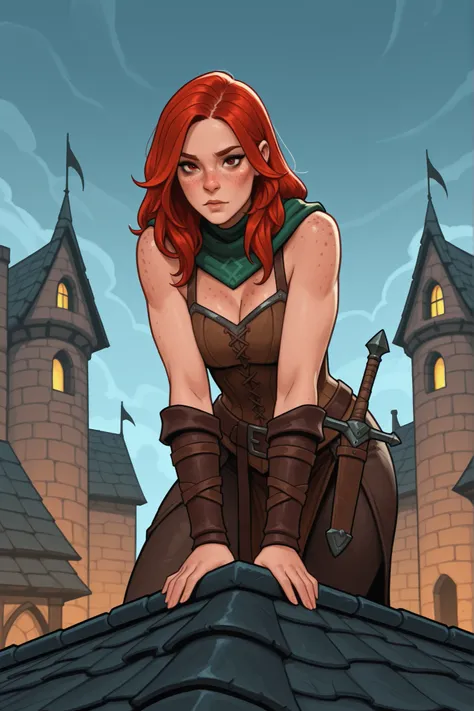 girl rogue, alone in the foreground, in an idle pose, She has red hair, freckles, dark fantasy, roofs of medieval castle